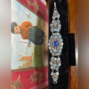Vintage Art Nouveau Czech (Austrian?) Cobalt Blue Glass Stone Filigree Bracelet